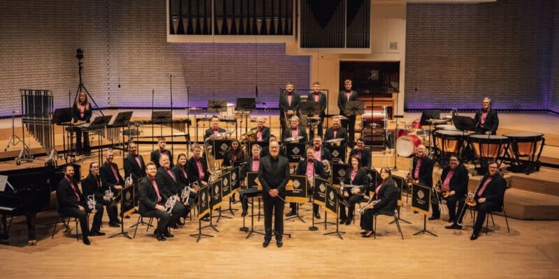 Grimethorpe Colliery Band set in performance positions